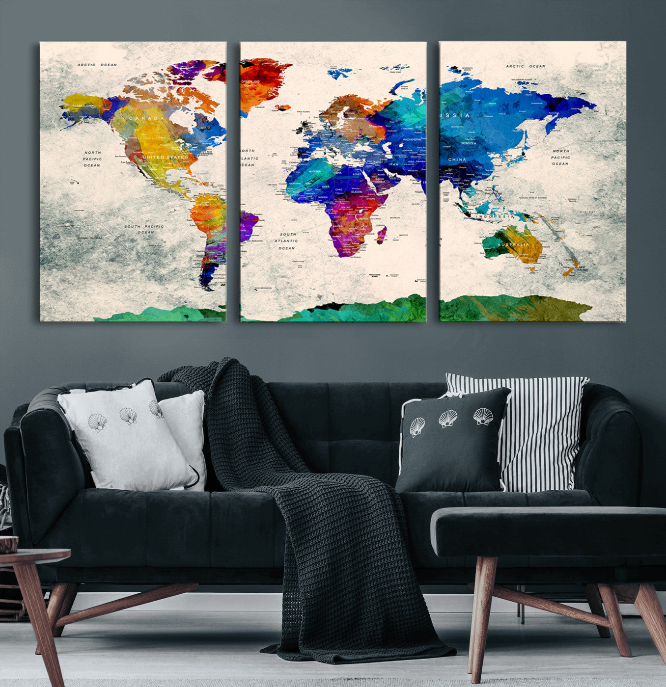 67752-MGV-CV-60X30-3P-Push Pin World Map Canvas Print – Framed Travel Map Wall Art for Couples, Anniversary Gift, Modern Home or Office Decor