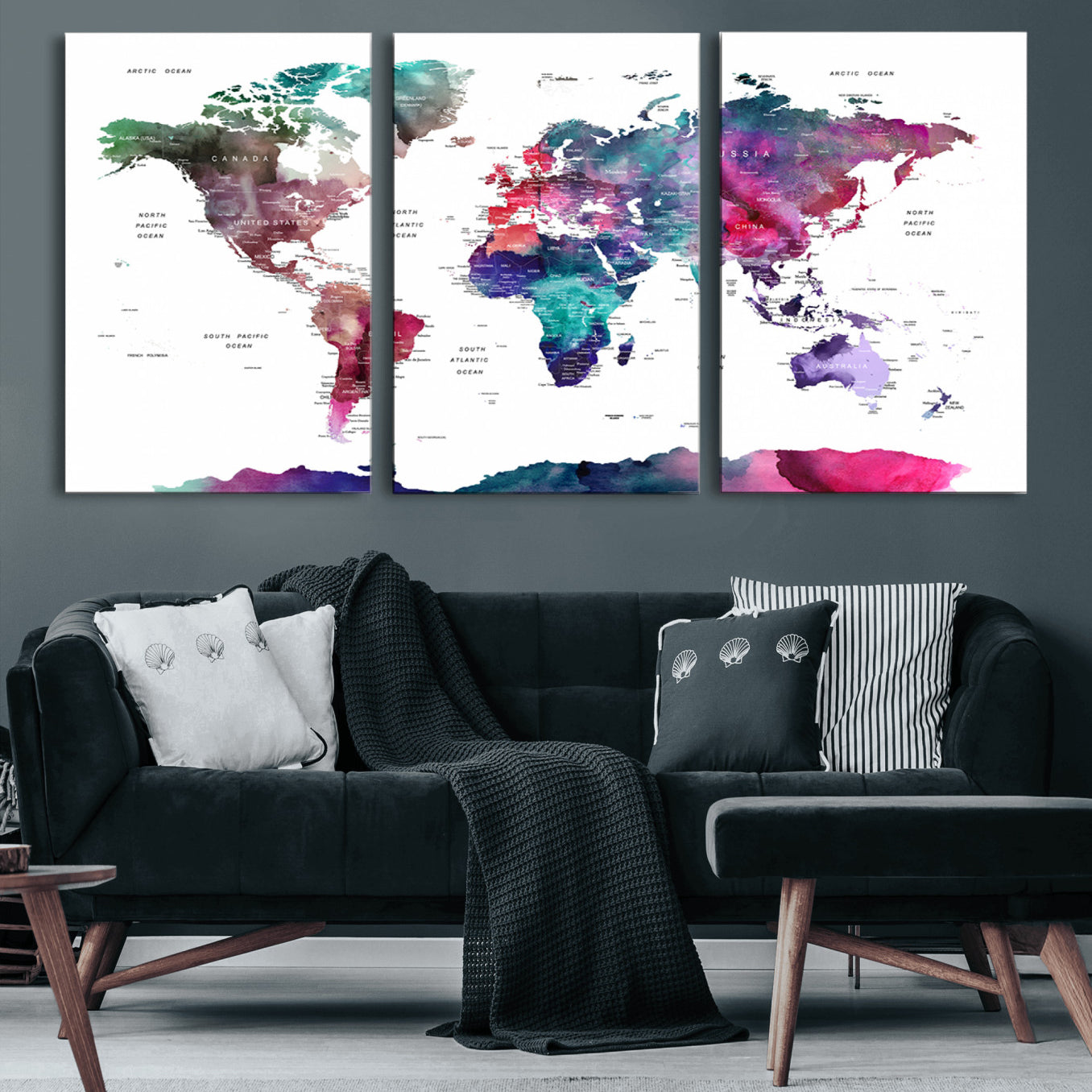 78176-MGV-CV-60X30-3P-Colorful Watercolor World Map Canvas Wall Art – Framed Modern Map Print, Vibrant Travel Inspired Artwork for Home and Office Decor