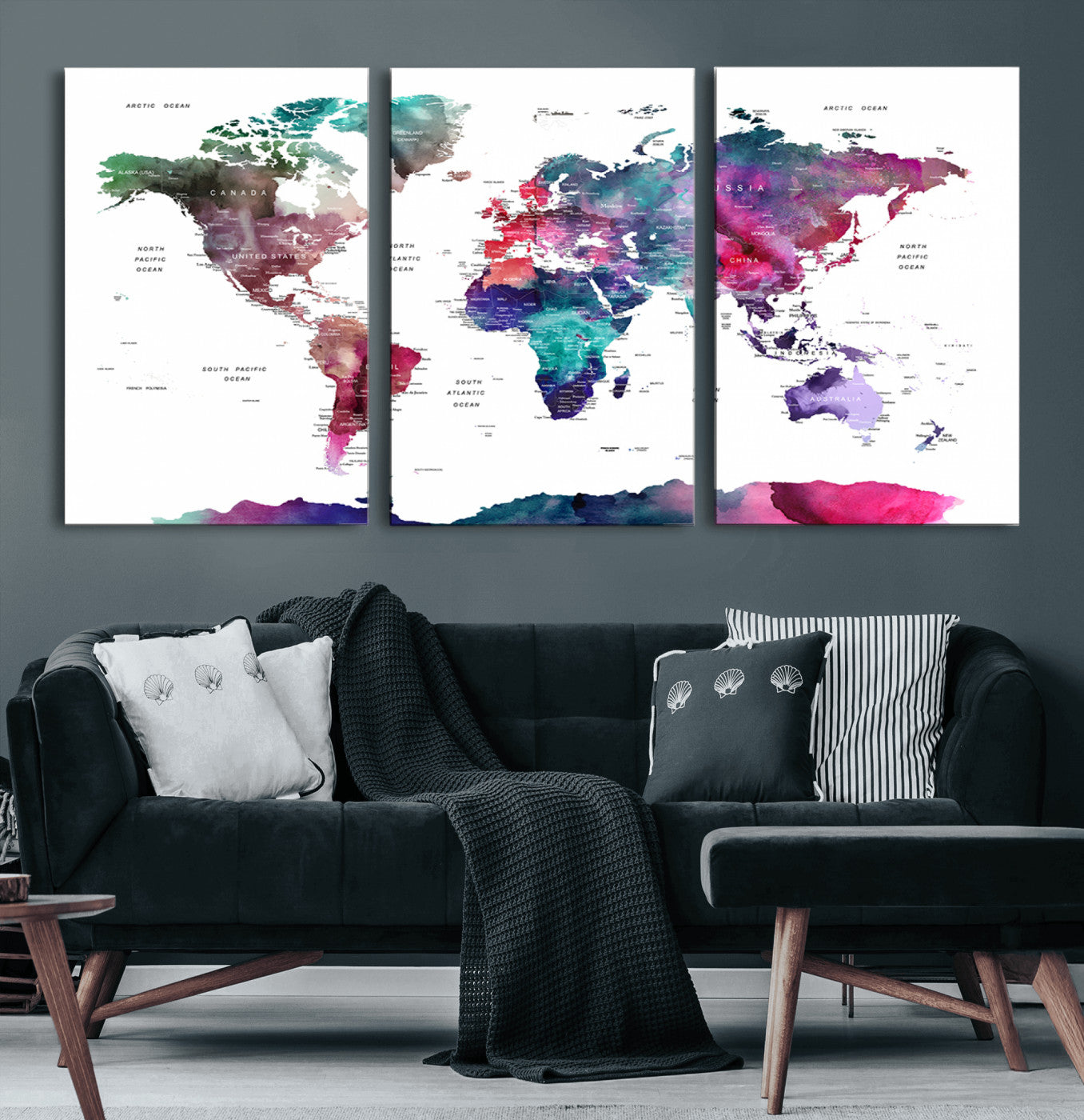 78176-MGV-CV-60X30-3P-Colorful Watercolor World Map Canvas Wall Art – Framed Modern Map Print, Vibrant Travel Inspired Artwork for Home and Office Decor