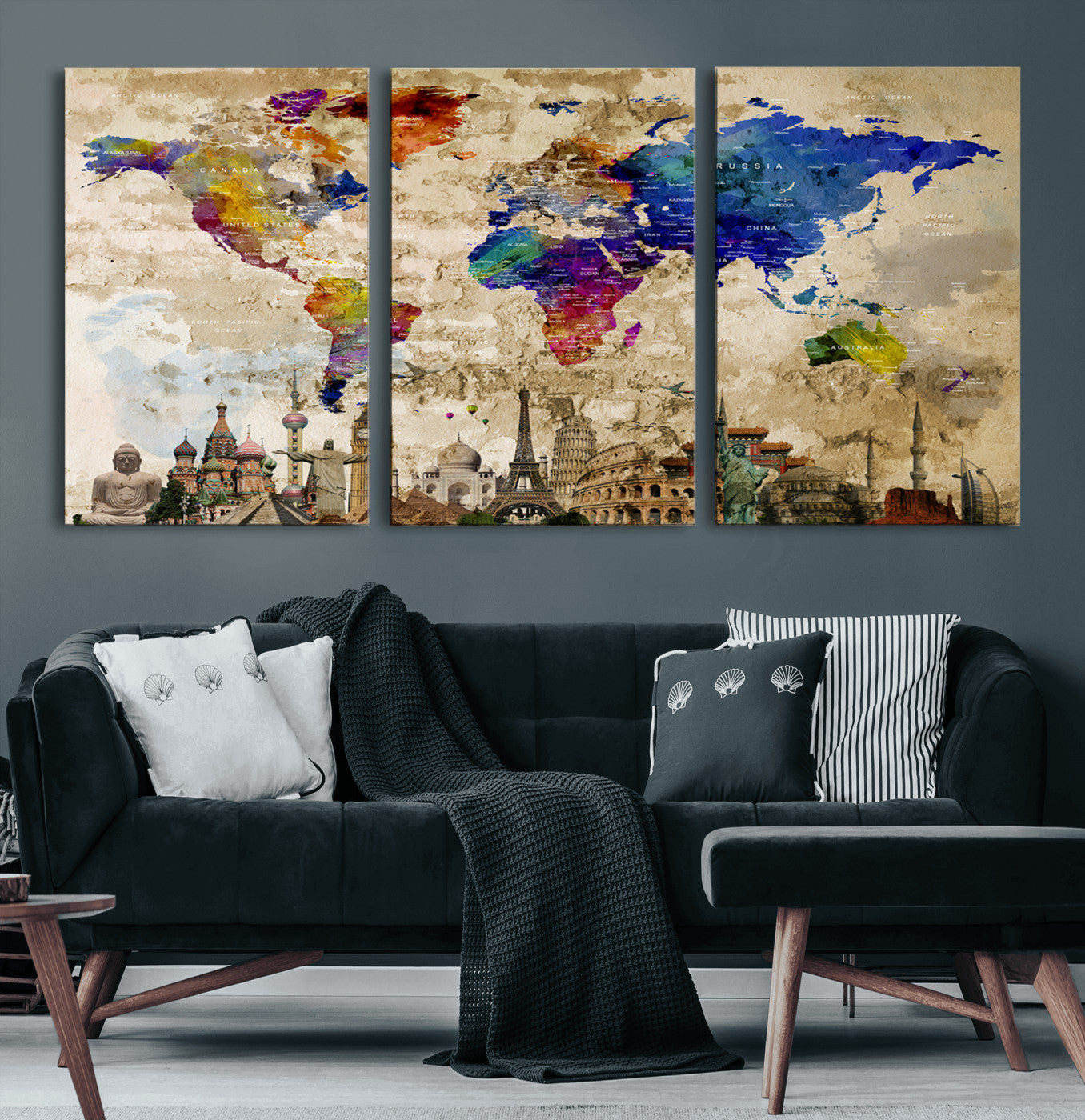 12168-MGV-CV-60X30-3P-Push Pin World Map Canvas Print – Framed Travel Tracker Wall Art for Couples, Anniversary Gift and Modern Home Decor