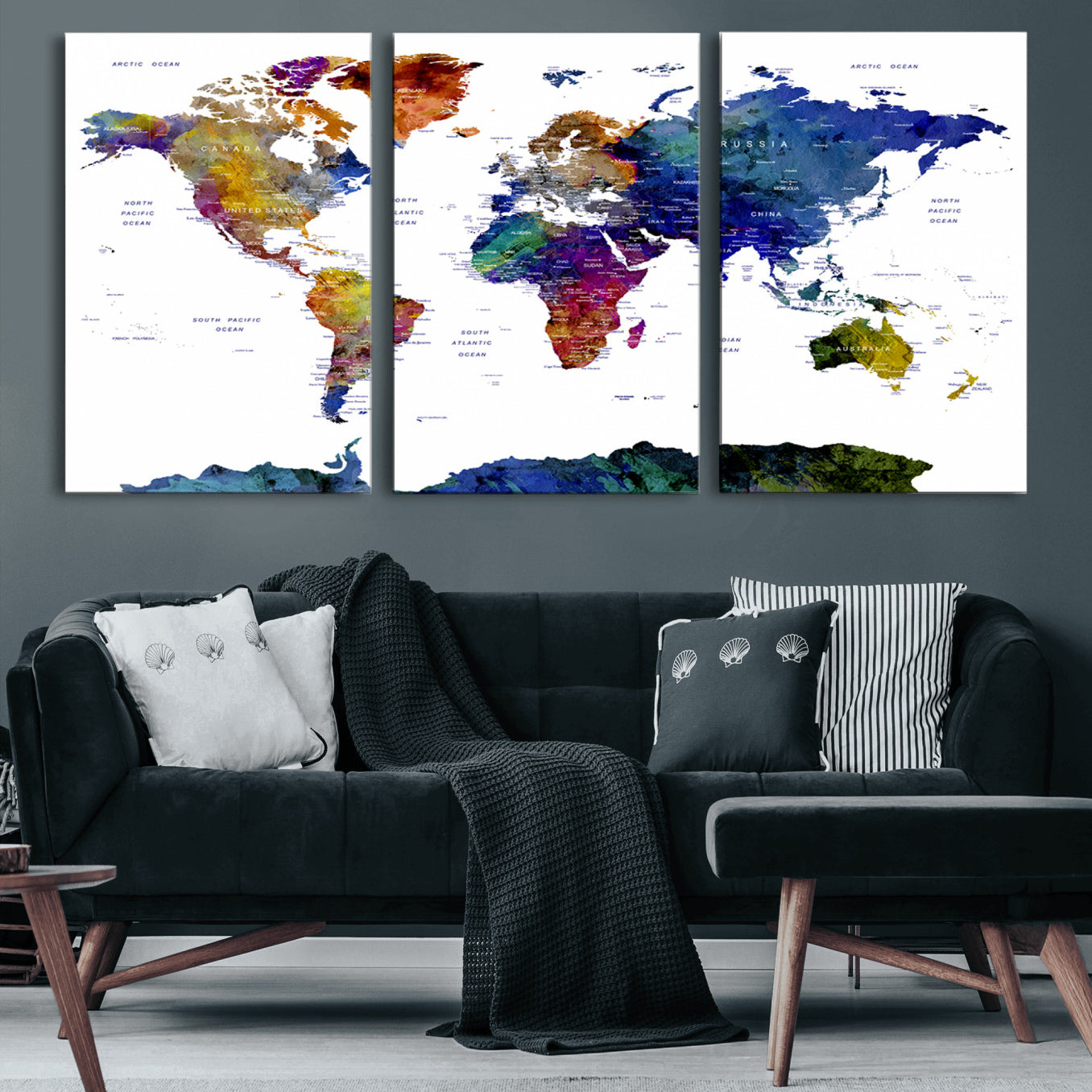 90446-MGV-CV-60X30-3P-Colorful Watercolor World Map Canvas Wall Art – Framed Modern Push Pin Travel Map for Home and Office Decor