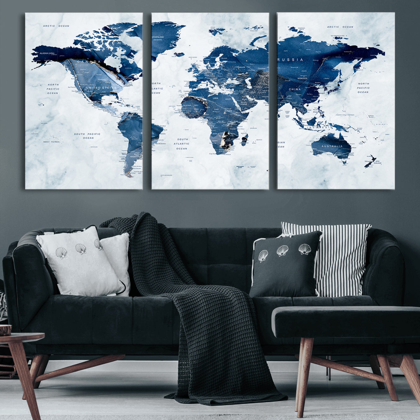 88266-MGV-CV-60X30-3P-Modern Blue Marble World Map Canvas Print – Framed Push Pin Wall Art, Elegant Travel Map Artwork for Home Office or Living Room Decor