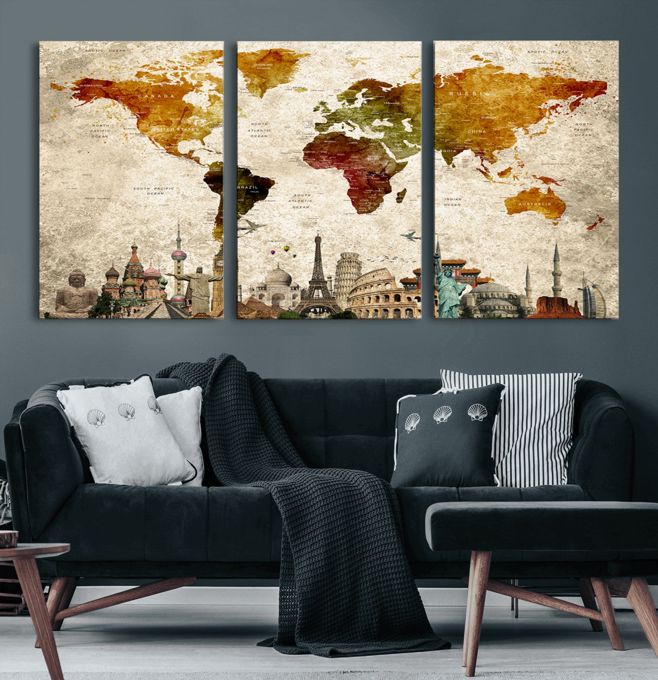 40637-MGV-CV-60X30-3P-Push Pin World Map Canvas Print – Framed Travel Map Wall Art for Couples, Anniversary Gift, Modern Home or Office Decor