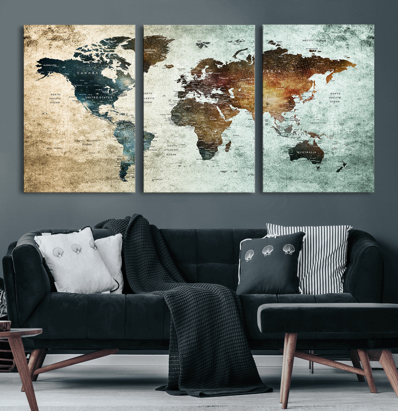 25140-MGV-CV-60X30-3P-World Map Canvas Print – Framed Vintage Style Push Pin Wall Art, Elegant Travel Map Decor for Home or Office