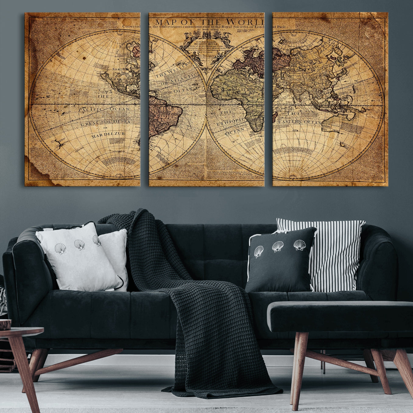 -Vintage World Map Wall Art Canvas – Antique Style Push Pin Travel Map, Framed Decorative Wall Decor for Home, Office