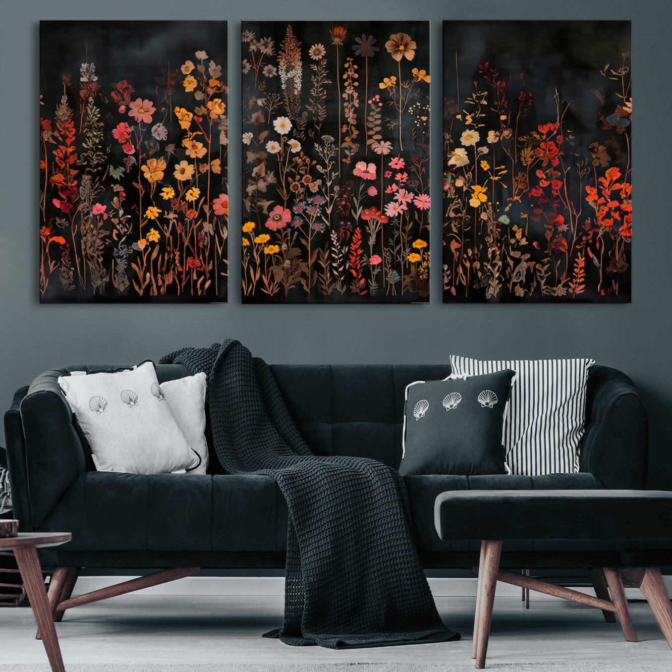 AbstFLF-MGV-CV-60X30-3P-Large Floral Painting Print Illustration Flowers Canvas Wall Art Botanical Wall Decor Modern