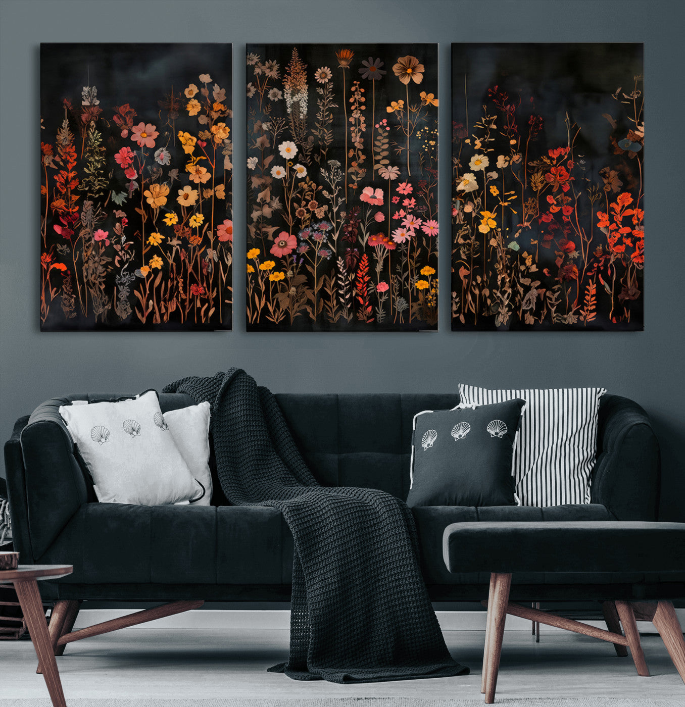 AbstFLF-MGV-CV-60X30-3P-Large Floral Painting Print Illustration Flowers Canvas Wall Art Botanical Wall Decor Modern