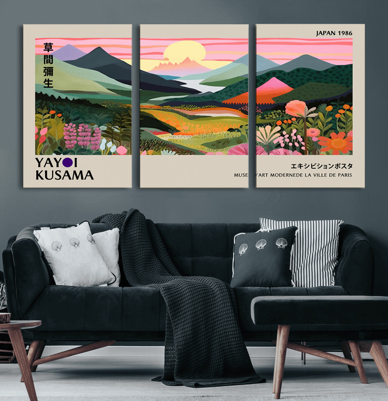 85192-MGV-CV-60X30-3P-Yayoi Kusama 1986 Wall Art Print – Vibrant Abstract Japanese Wabi Sabi Design Modern Colorful Artwork for Home Office