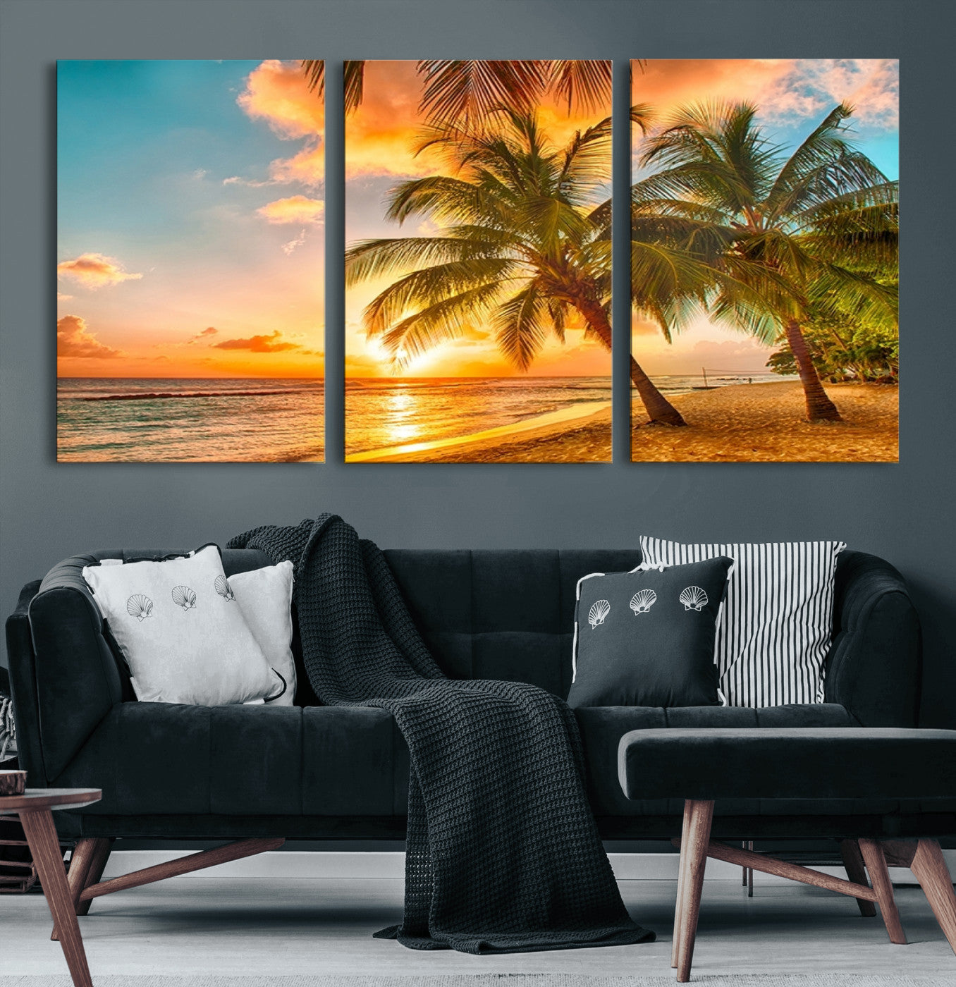 18618-MGV-CV-60X30-3P-Tropical Sunset Beach Canvas Wall Art Print – Vibrant Palm Trees and Coastal Sunset Wall Decor for