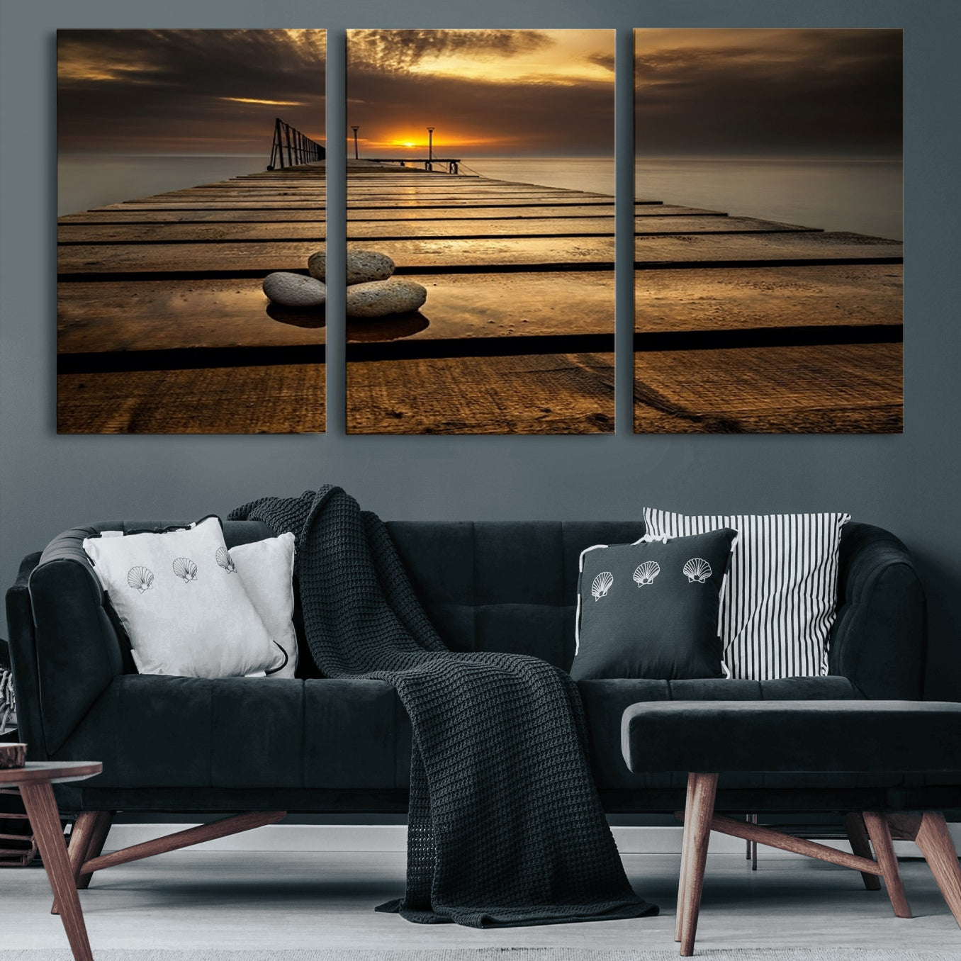 41021-MGV-CV-60X30-3P-Stones on Wooden Pier at Sunset Canvas Print, Serene Coastal Wall Art, Beach Sunset Photography,