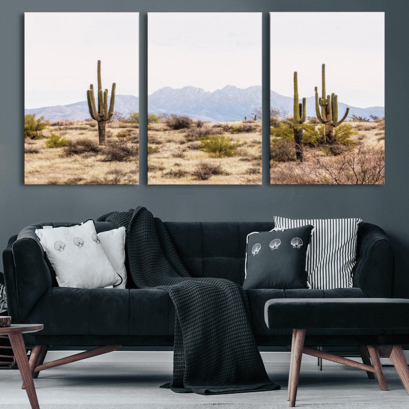 97436-MGV-CV-60X30-3P-Desert Cactus Canvas Wall Art – Serene Southwestern Arizona Landscape with Majestic Mountains -