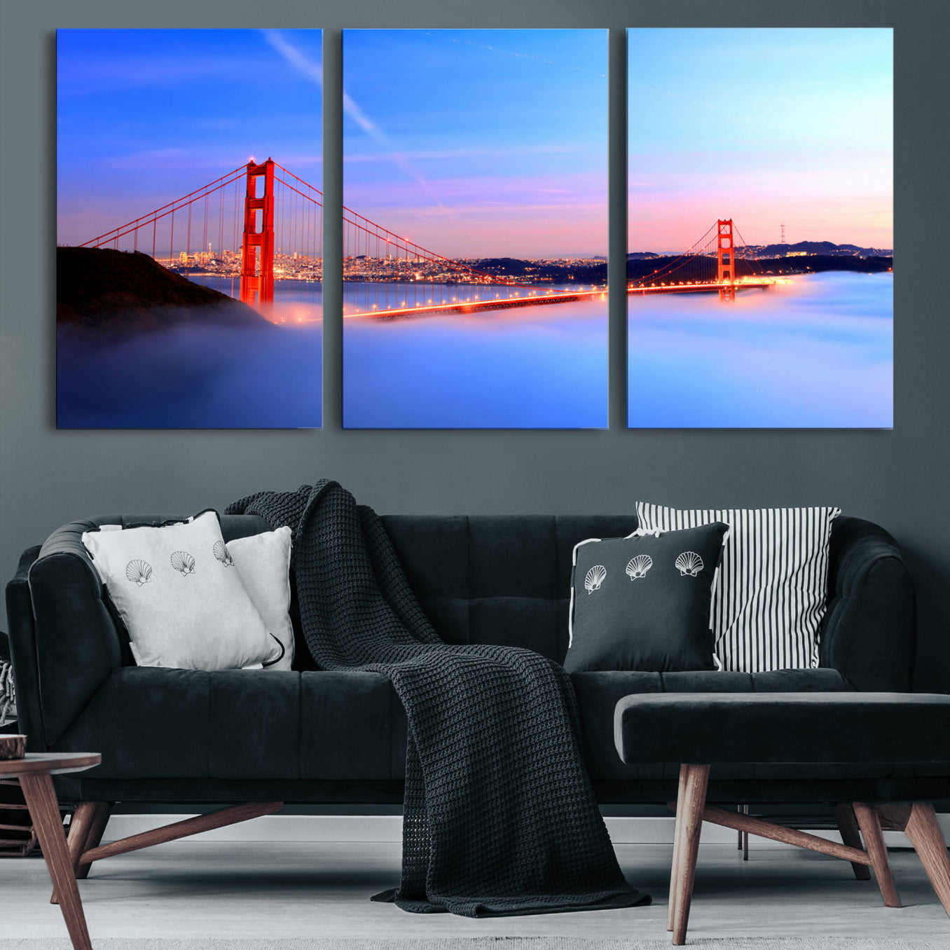 MGV-CV-60X30-3P - Golden Gate Bridge Wall Art Print, San Francisco Sunset Canvas Wall Art, Cityscape Canvas Print for