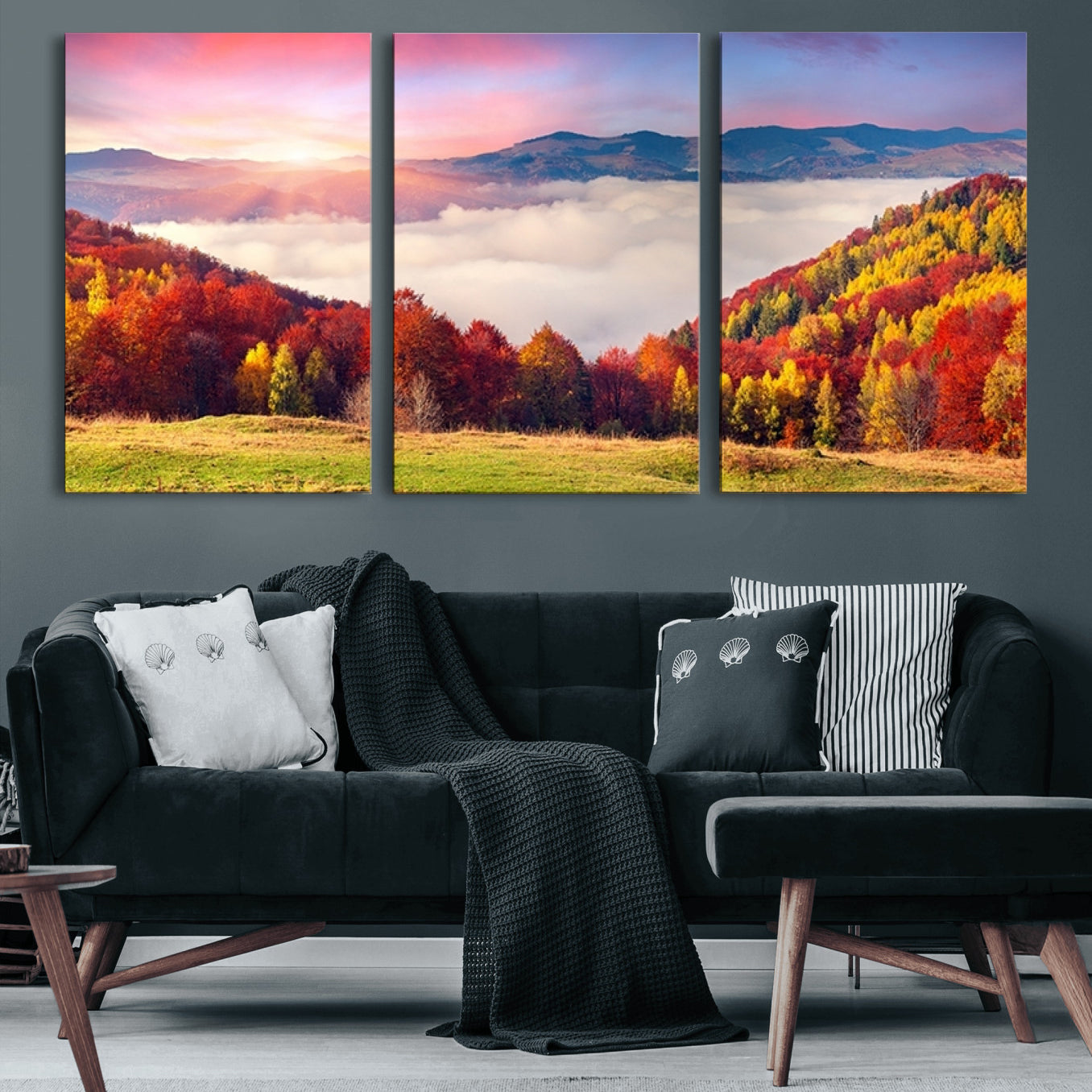 15394-MGV-CV-60X30-3P-Autumn Mountain Foggy Landscape Wall Art Canvas Print | Beautiful Forest Canvas Print | Misty