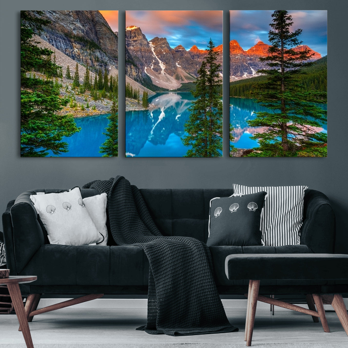 29782-MGV-CV-60X30-3P-Canadian Rockies Moraine Lake Wall Art Canvas Print, Pine Trees Mountain Spring Canvas Print