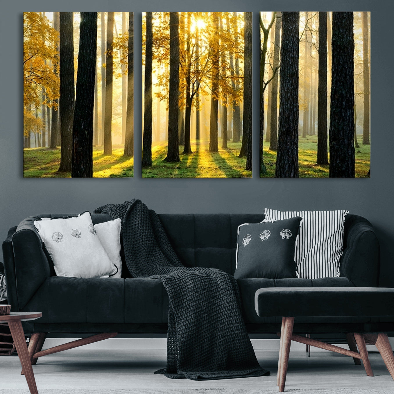 60024-MGV-CV-60X30-3P-Sunlit Forest Wall Art Canvas Print - Large Framed Woodland Wall Art for Home or Office Decor,