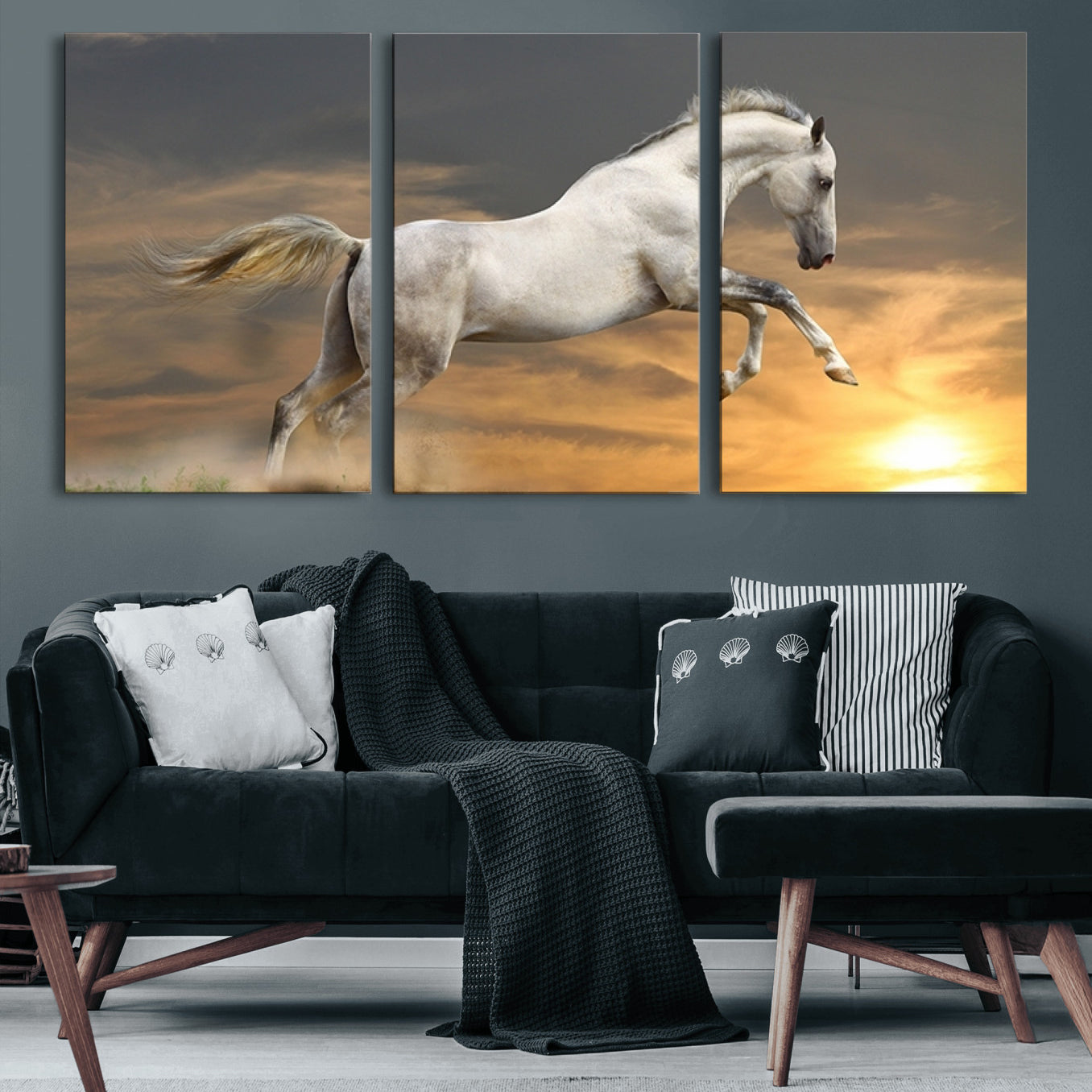 96845-MGV-CV-60X30-3P-Large Wall Art Canvas Print – White Jumping Horse Sunset Scene Animal Artwork for Home, Office, Living Room Decor