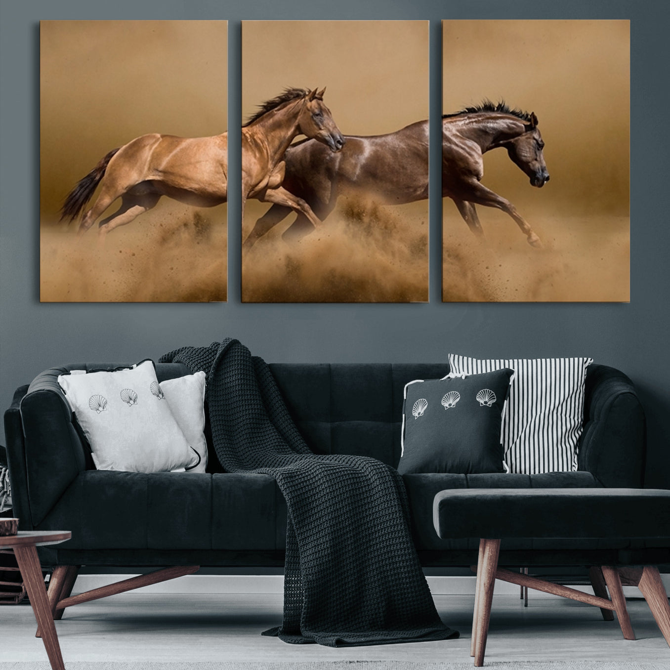 53721-MGV-CV-60X30-3P-Large Wall Art Canvas Print – Two Running Brown Horses Motion Animal Artwork for Home, Office, Living Room Decor