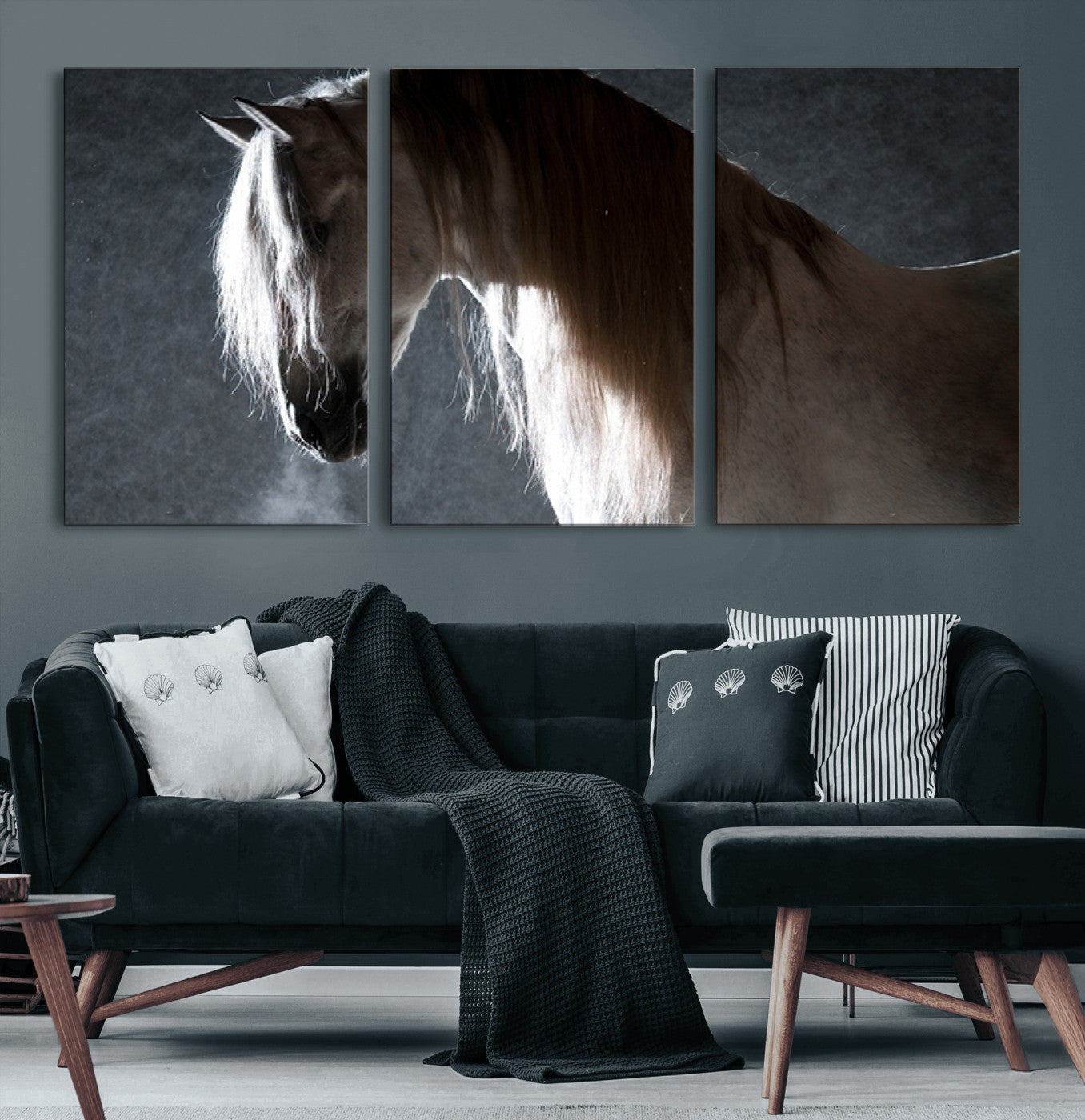 36020-MGV-CV-60X30-3P-Large Wall Art Cream Colored Horse on Grey Background Canvas Print