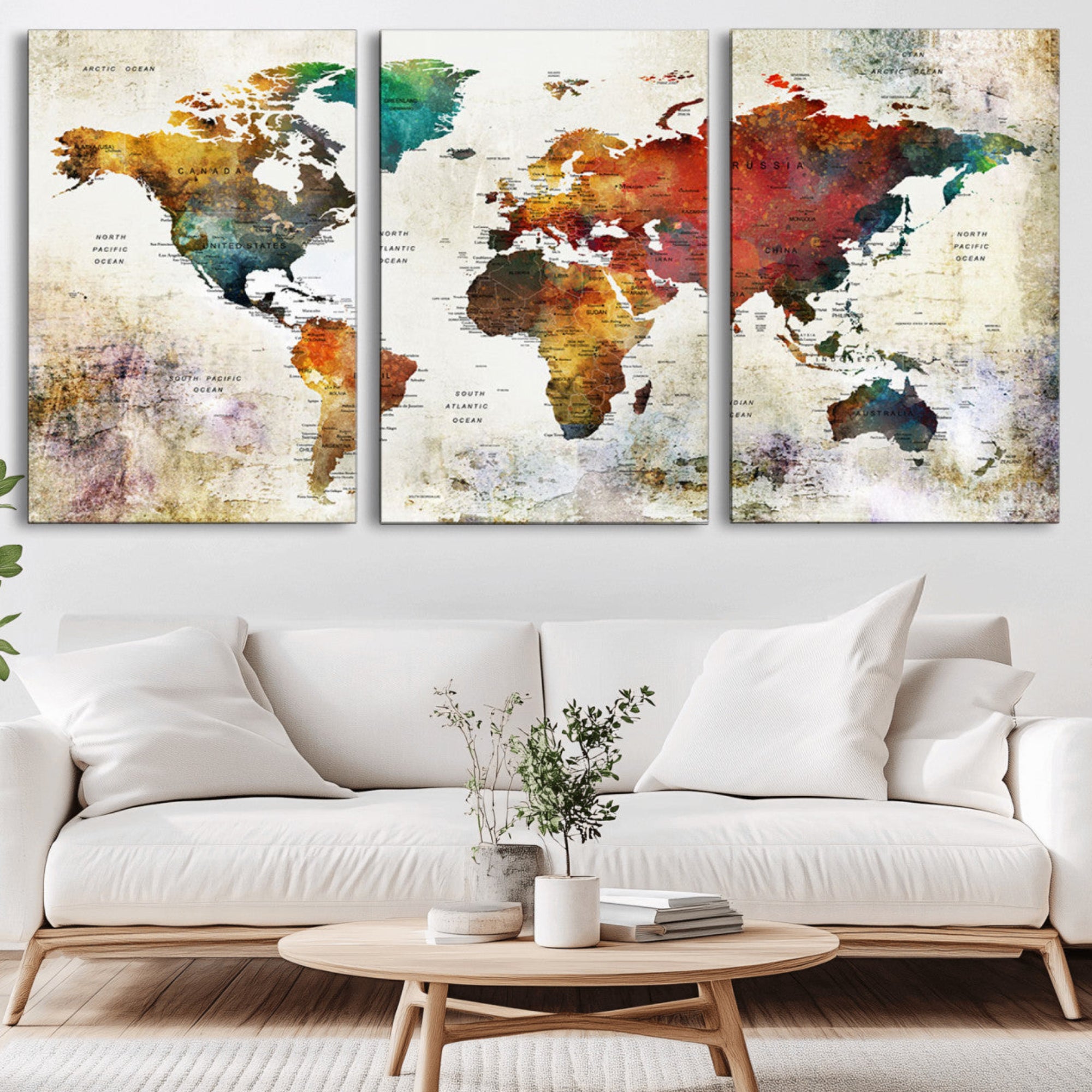 92207-MGV-CV-36X24-Watercolor World Map Canvas Print – Framed Push Pin Wall Art for Couples, Artistic Travel Map for Modern Home and Office Decor