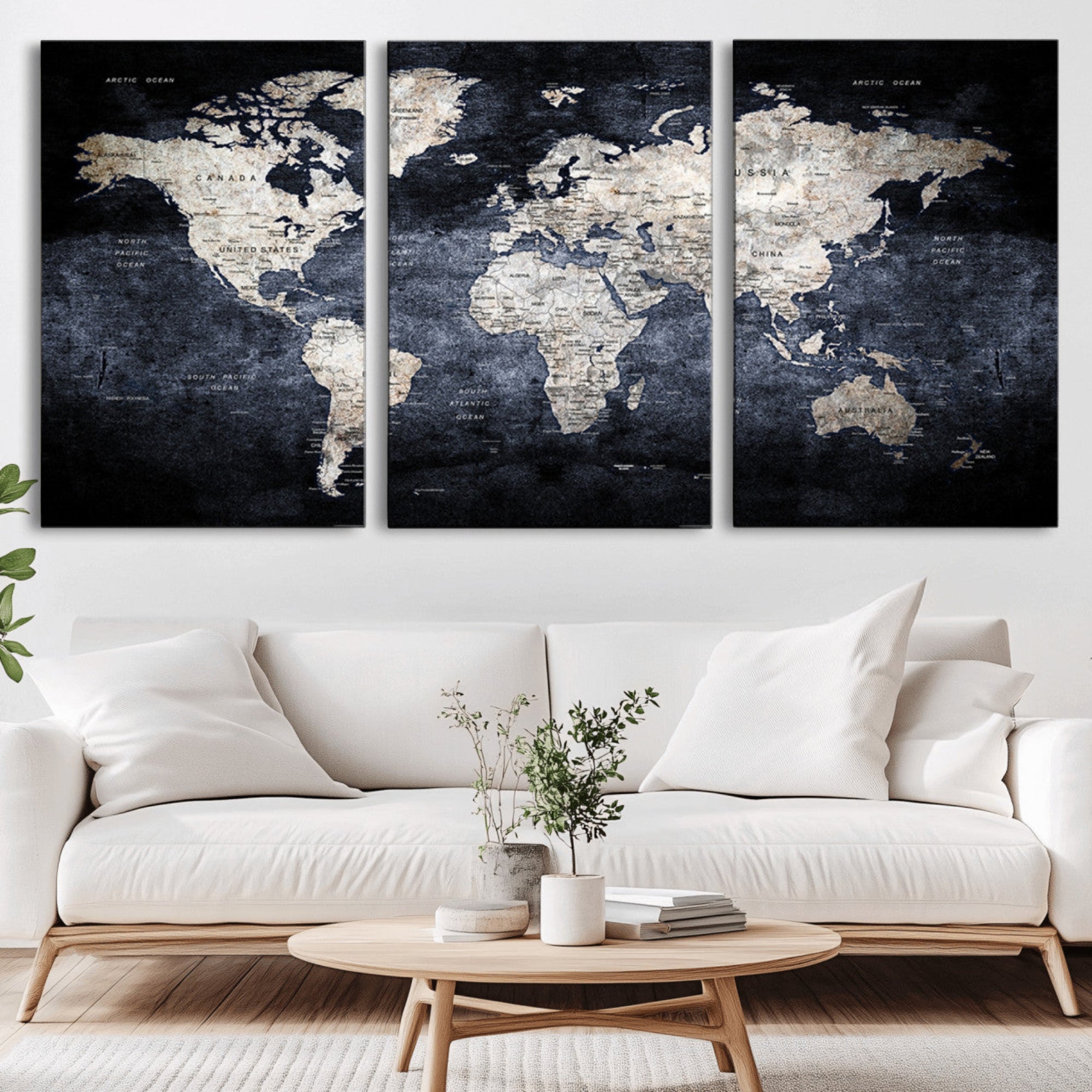 82598-MGV-CV-36X24-Modern Dark World Map Canvas Print – Framed Push Pin Wall Art, Elegant Travel Map Decoration for Home Office or Living Room Decor