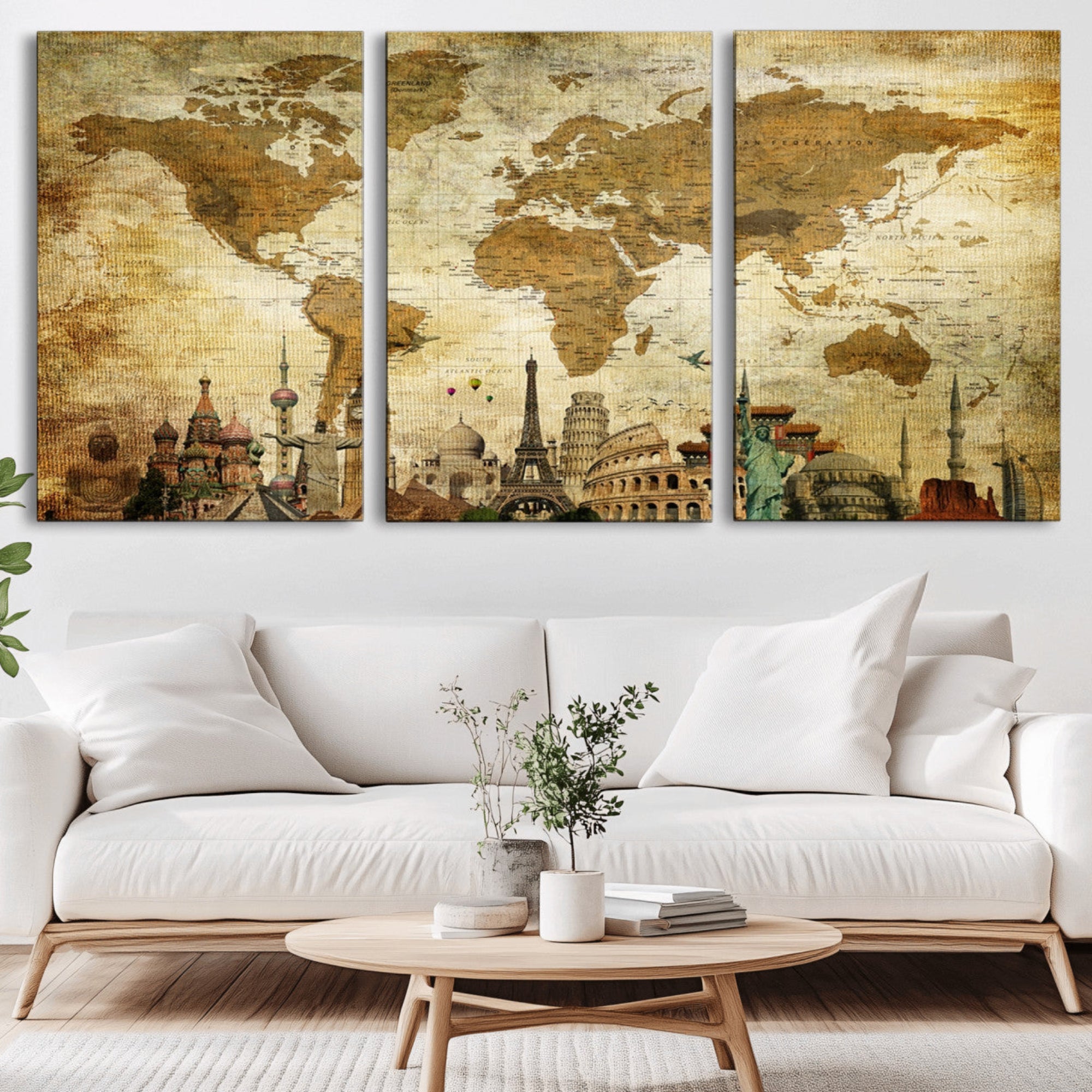97849-MGV-CV-36X24-Vintage World Map Canvas Wall Art – Framed Push Pin Travel Map with Famous Landmarks, Rustic Home and Office Decor Artwork for Travelers