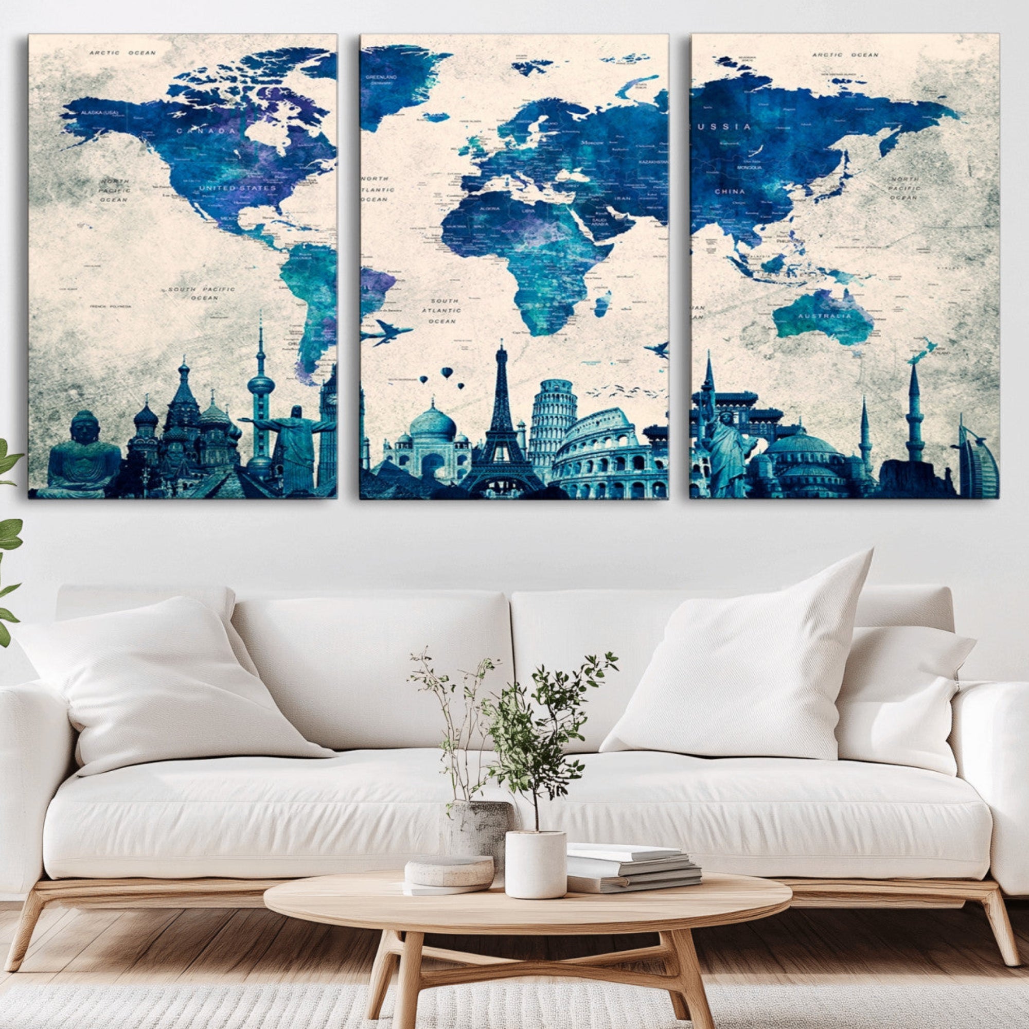 13588-MGV-CV-36X24-Navy Blue World Map Canvas Print – Framed Push Pin Travel Map Wall Art, Elegant Adventure Decor for Home or Office