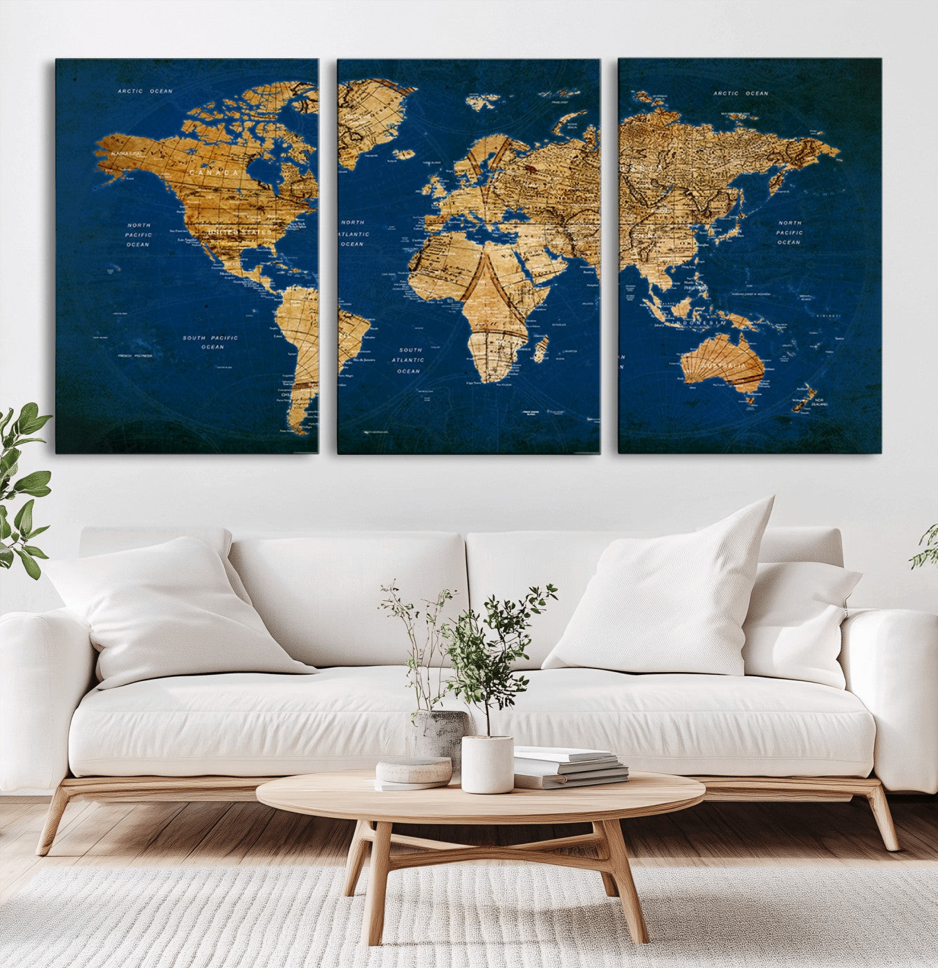 -Navy Blue and Gold World Map Canvas Print – Framed Luxury Push Pin Wall Art, Elegant Vintage Travel Map Decor for Home or Office