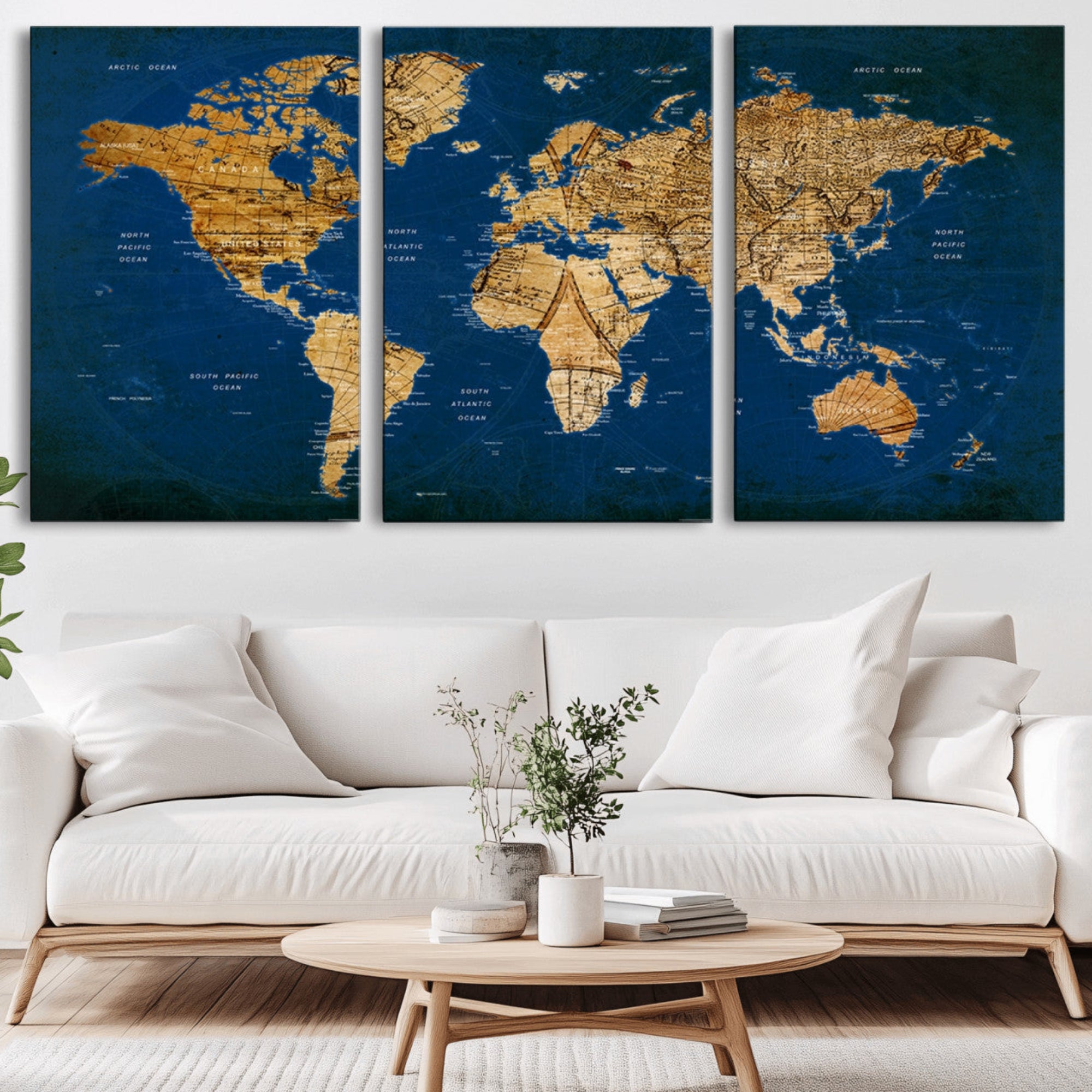 50845-MGV-CV-36X24-Navy Blue and Gold World Map Canvas Print – Framed Luxury Push Pin Wall Art, Elegant Vintage Travel Map Decor for Home or Office