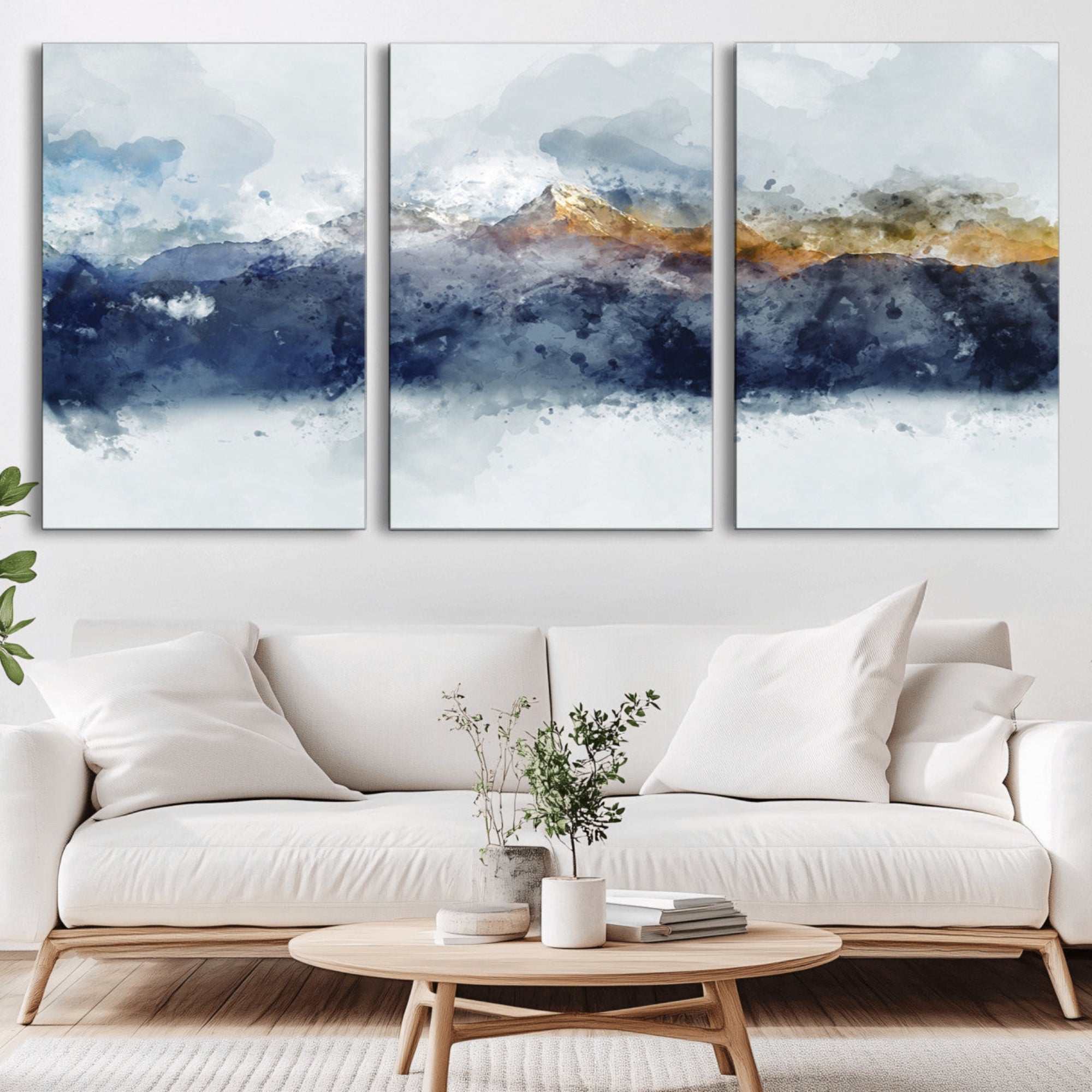 89149-MGV-CV-36X24-Abstract Mountain Range Art Canvas Print | 3 Panel Watercolor Landscape for Living Room, Office, or