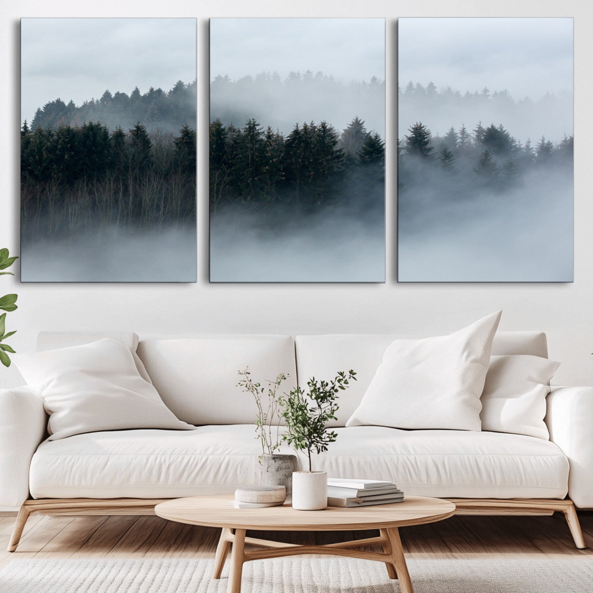42596-MGV-CV-36X24-Autumn and Misty Trees in the Forest Wall Art Canvas Print, Foggy Forest Mountain Wall Art Canvas