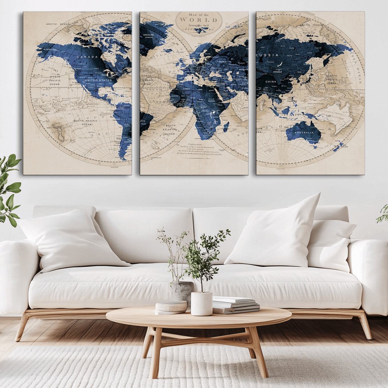 -Vintage Blue World Map Canvas Wall Art – Antique Style Framed Map Print, Elegant Travel Decor for Home Office or Study