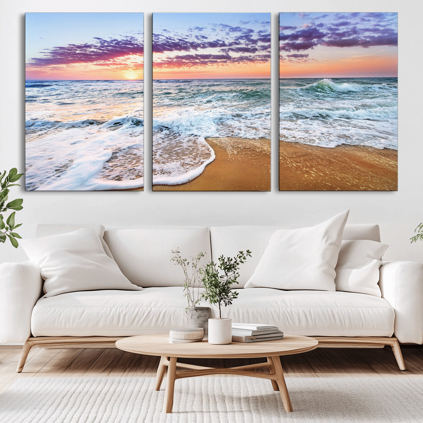 -Coastal Sunset Art Beach Canvas Wall Art Print | Ocean Waves Wall Art | Large 3-Panel Seascape for