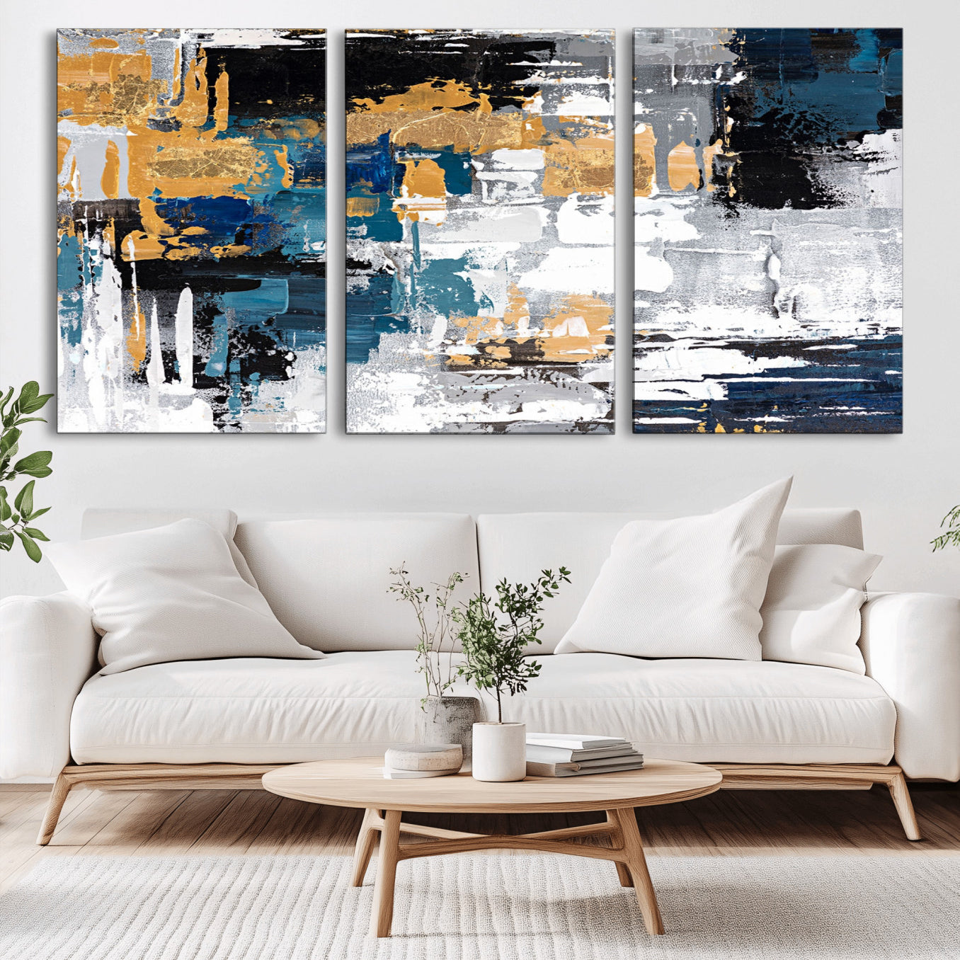 -Blue and Gold Abstract Canvas Wall Art – Triptych Modern Painting for Living Room – Framed and Ready