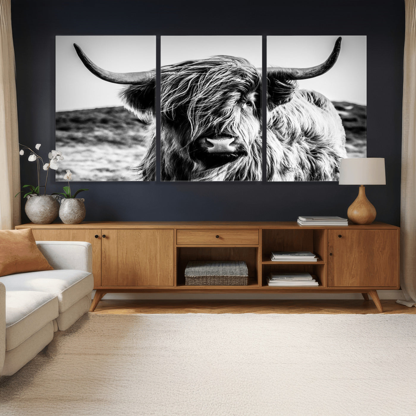 54309-MGV-CV-36X24 - Black and White Scottish Cow Canvas Wall Art Highland Cattle Canvas Print Framed Ready to Hang Original Cotton Canvas High Quality Image Multi Panel Wall Art Printable Artwork for Walls