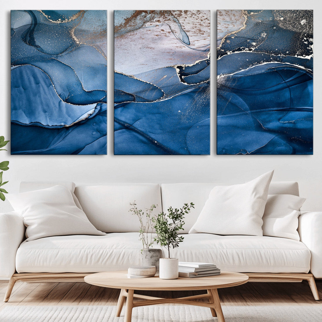 Navy Blue Canvas Art Abstract Print | Elegant Triptych Modern Art