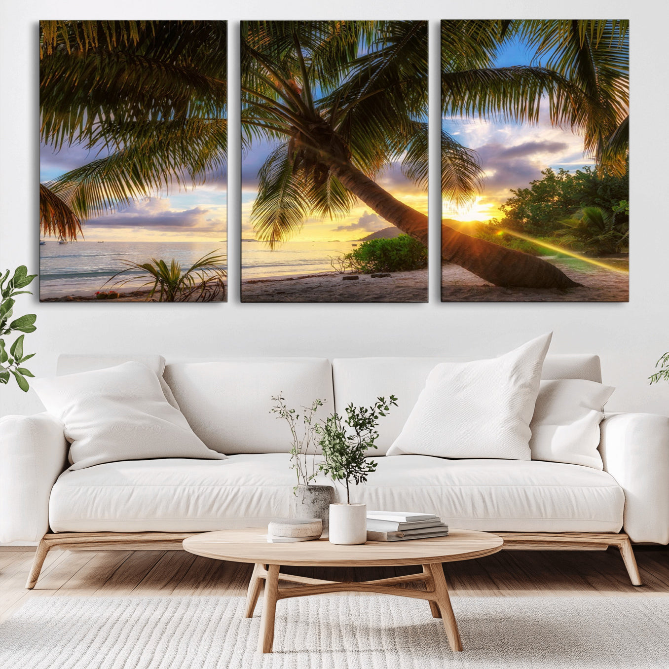 -Tropical Island Sunset on the Beach Palms Wall Art Canvas Print