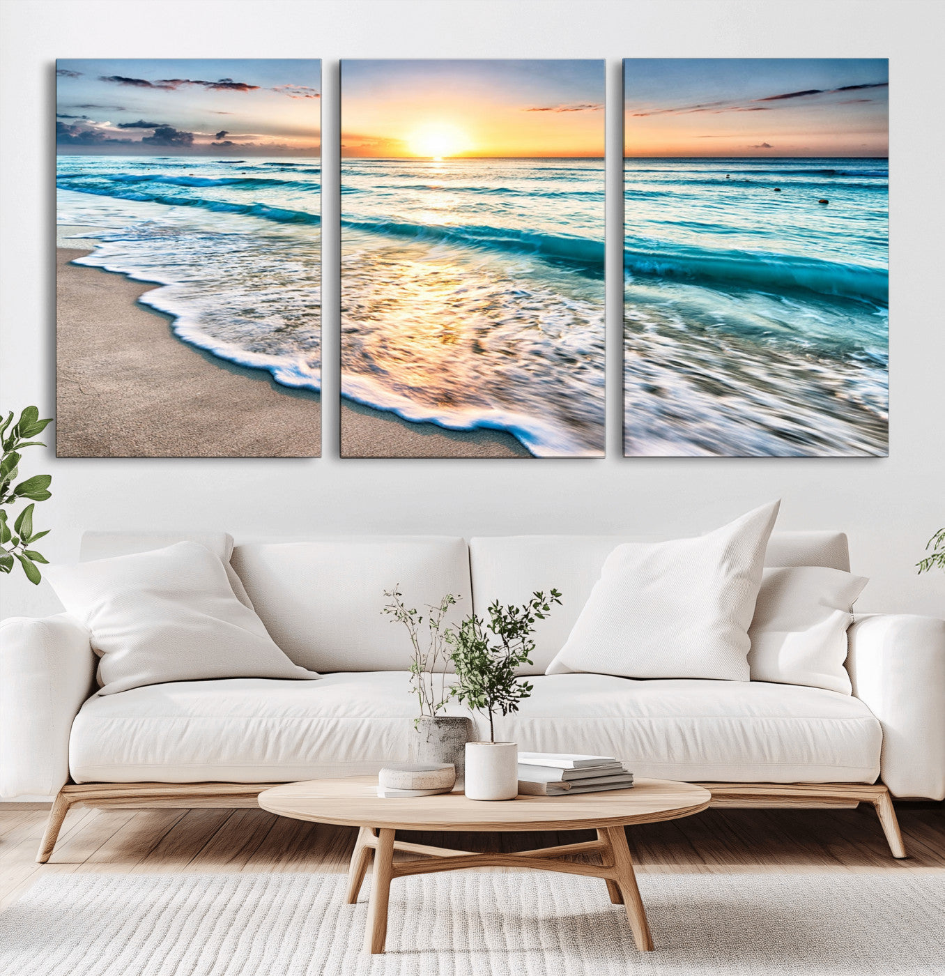 27815-MGV-CV-36X24-Sunset Beach Waves Canvas Wall Art – 5-Panel Ocean Sunset Print – Coastal Decor for Living Room or