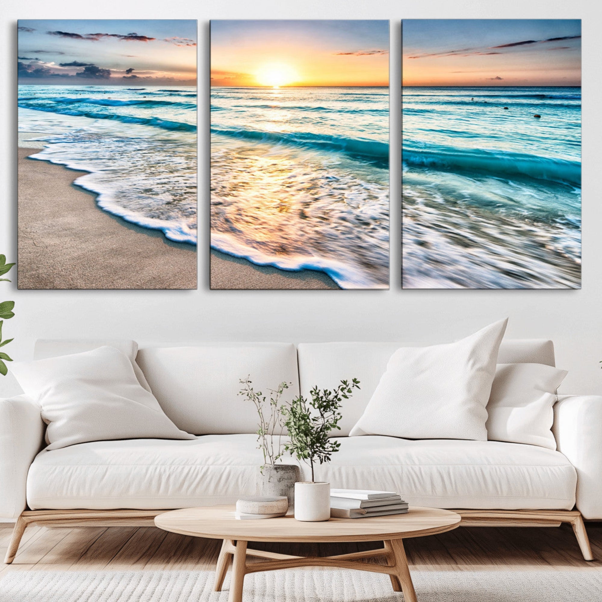 27815-MGV-CV-36X24-Sunset Beach Waves Canvas Wall Art – 5-Panel Ocean Sunset Print – Coastal Decor for Living Room or