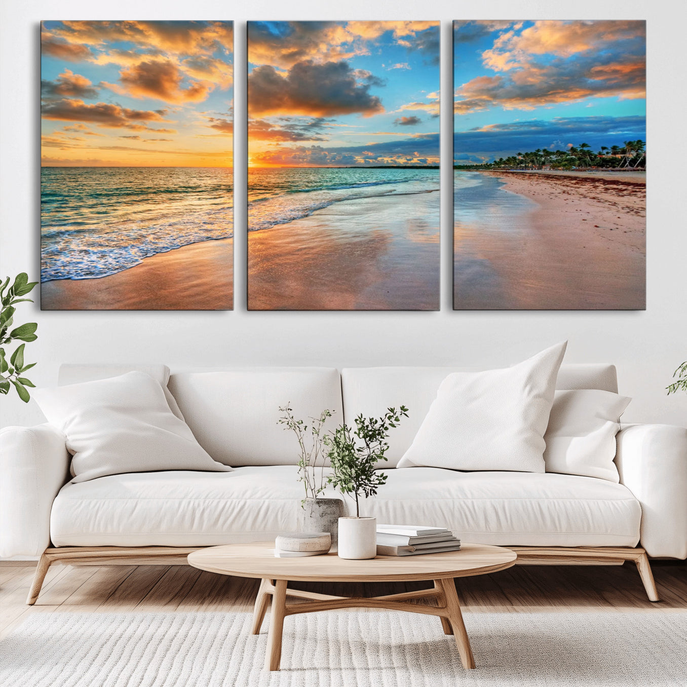 -Sunset Ocean Waves on Tropical Beach, 3-Panel Giclee Canvas Art for Coastal Home Decor, Framed