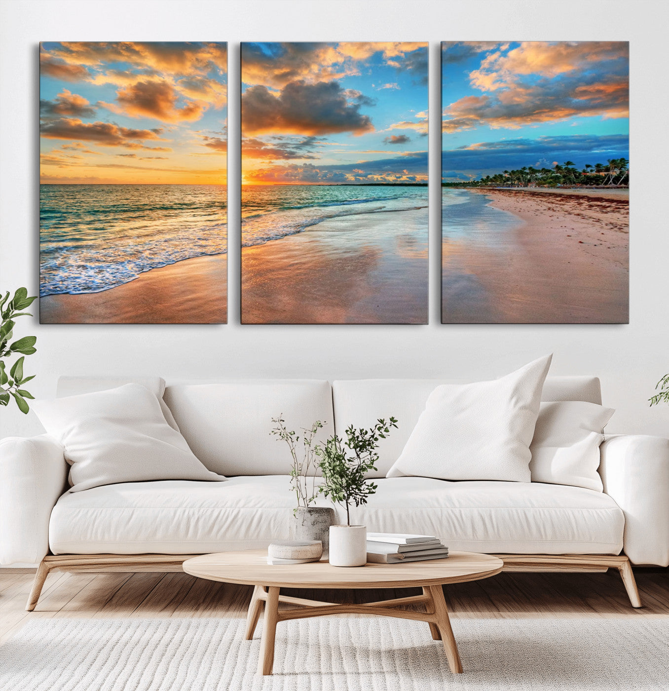 41572-MGV-CV-36X24-Sunset Ocean Waves on Tropical Beach, 3-Panel Giclee Canvas Art for Coastal Home Decor, Framed