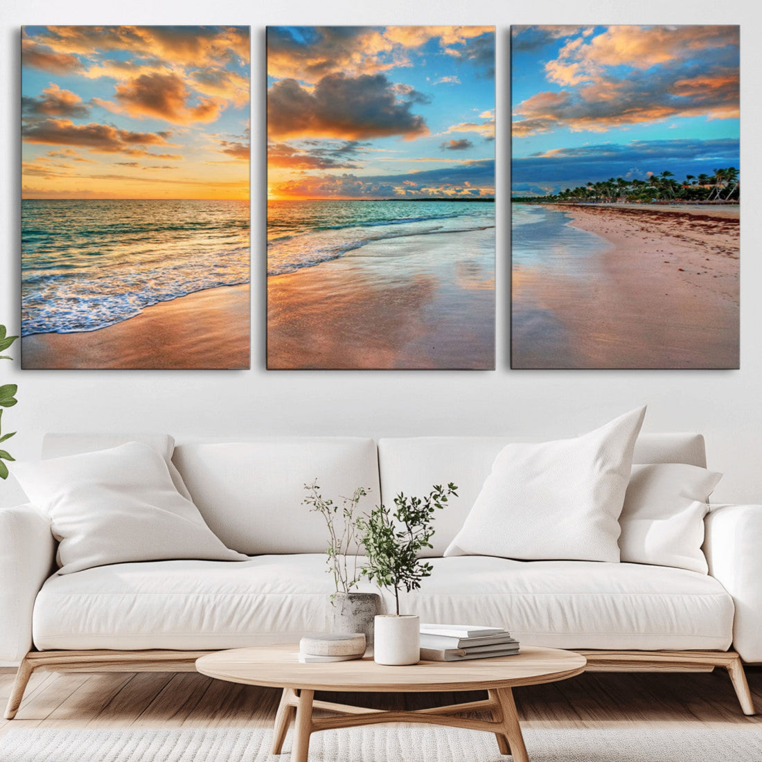 Sunset Ocean Waves on Tropical Beach, 3-Panel Giclee Canvas Art for Coastal Home Decor