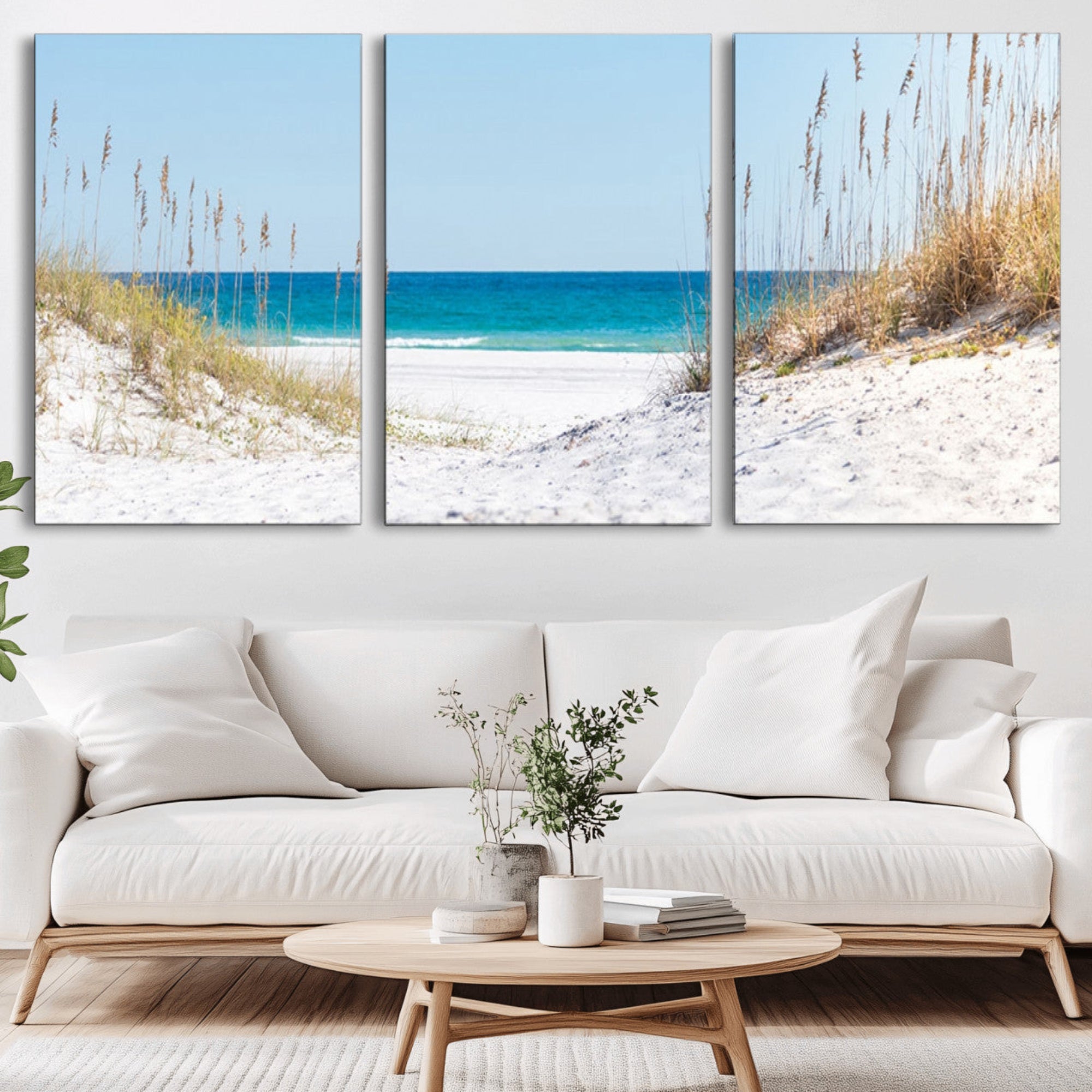 58498-MGV-CV-36X24-Serene Coastal Dune Path with Ocean View, 3-Panel Beach Canvas Wall Art, Tranquil Seascape Giclee