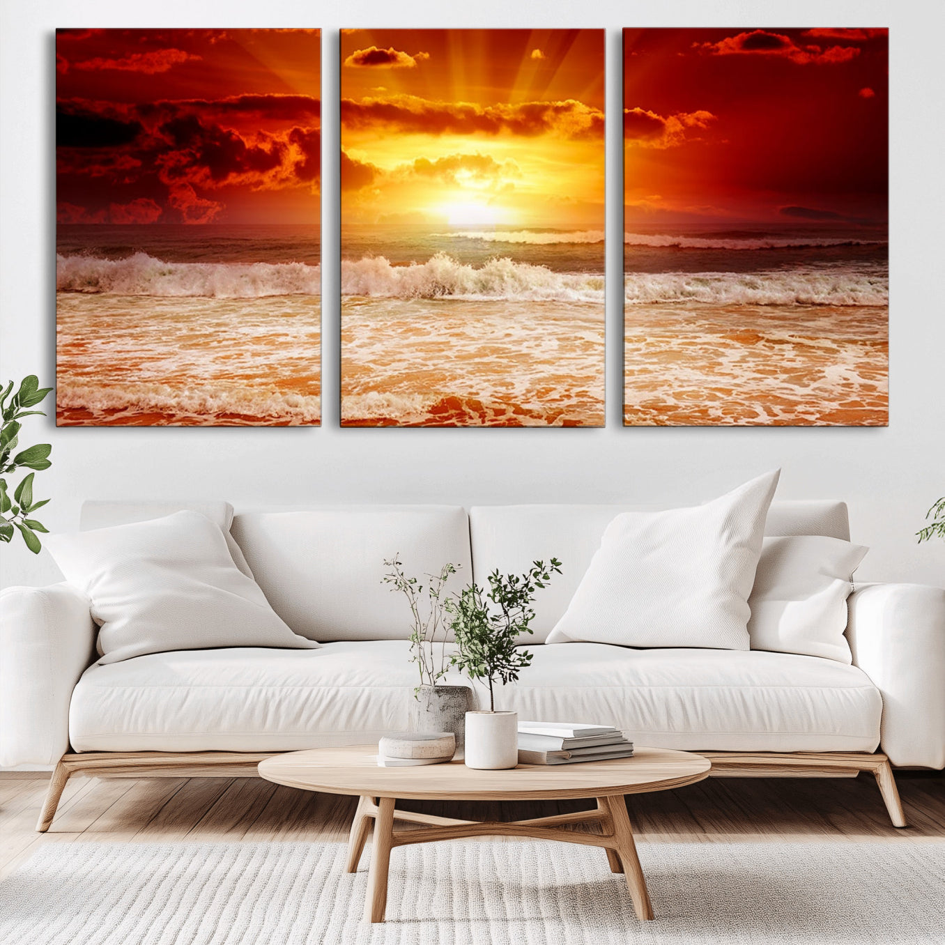 -Red Sunset Ocean Beach Canvas Wall Art Beach Canvas, Coastal Sunset Print