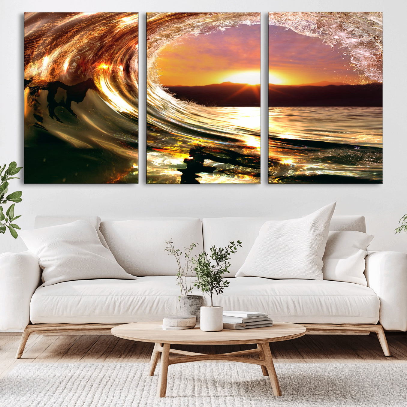 -Golden Wave Sunset Triptych Canvas Art, Giclee Canvas Print of Ocean Wave and Sunset, Framed Ocean