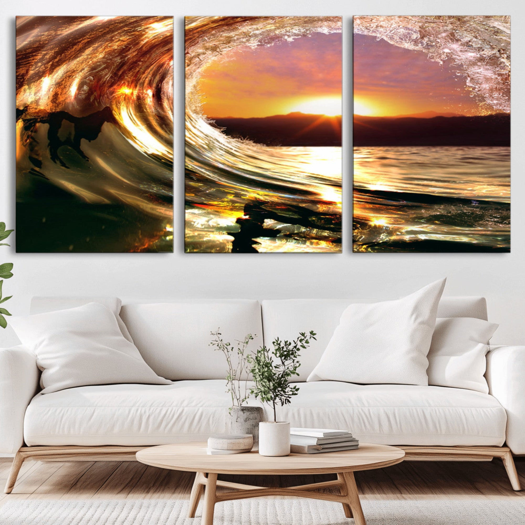 71523-MGV-CV-36X24-Golden Wave Sunset Triptych Canvas Art, Giclee Canvas Print of Ocean Wave and Sunset, Framed Ocean