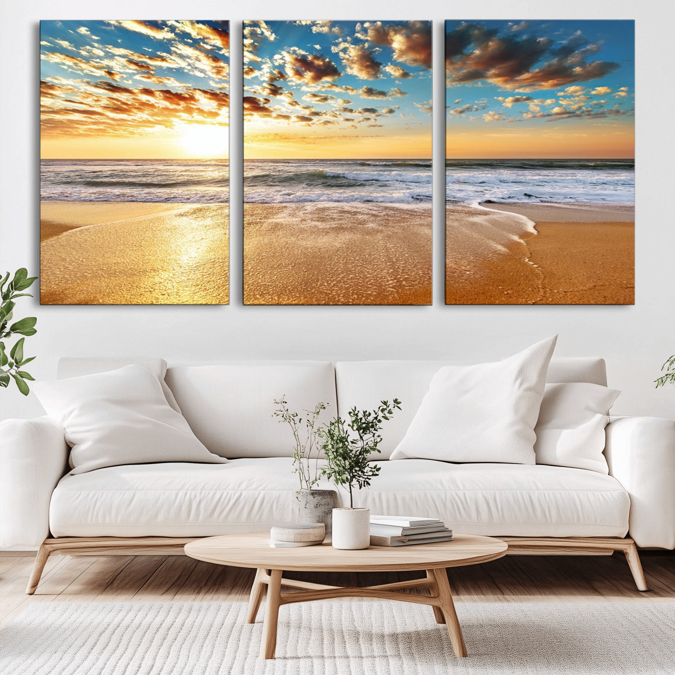-Golden Sunset Beach Print Canvas Wall Art, Giclee Canvas Print with Canon Print Quality, Triptych
