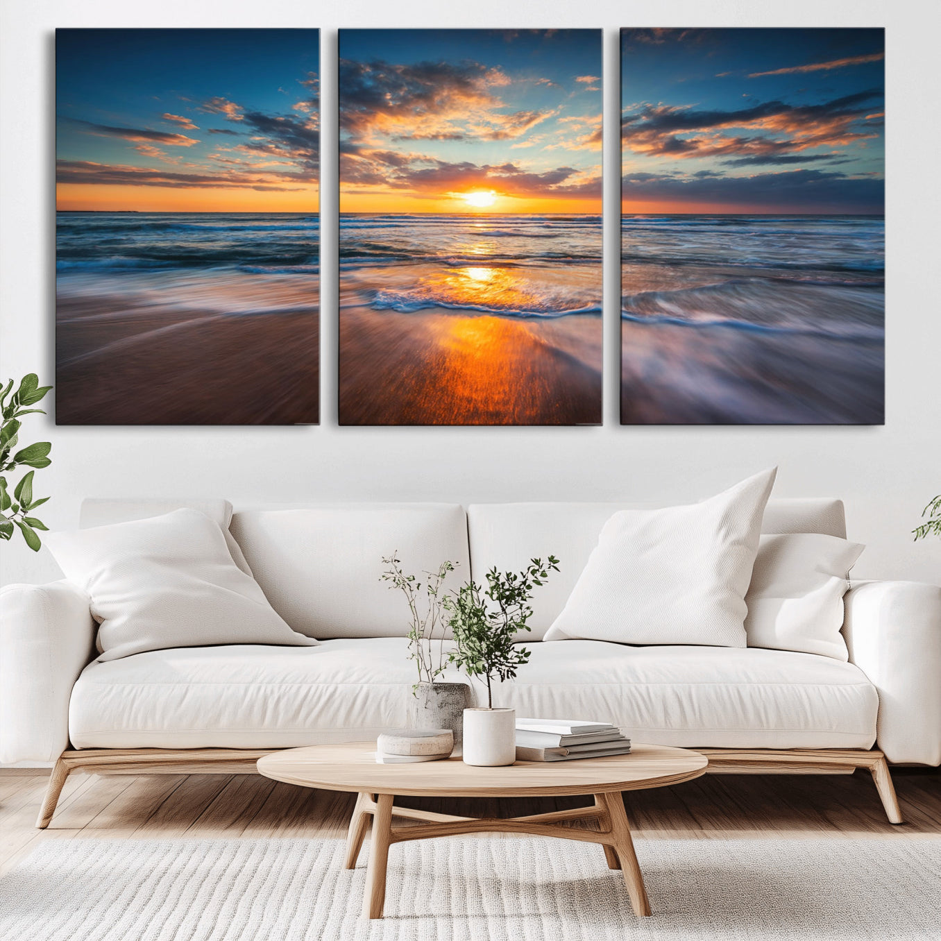 -Sunset on the Ocean Beach with Waves, Reflections on Sand, Coastal Wall Art Print, Beach Wall Art,