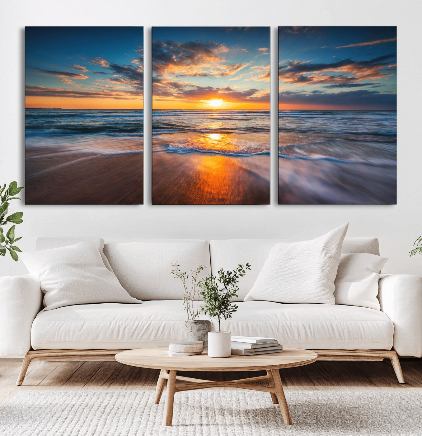 -Sunset on the Ocean Beach with Waves, Reflections on Sand, Coastal Wall Art Print, Beach Wall Art,