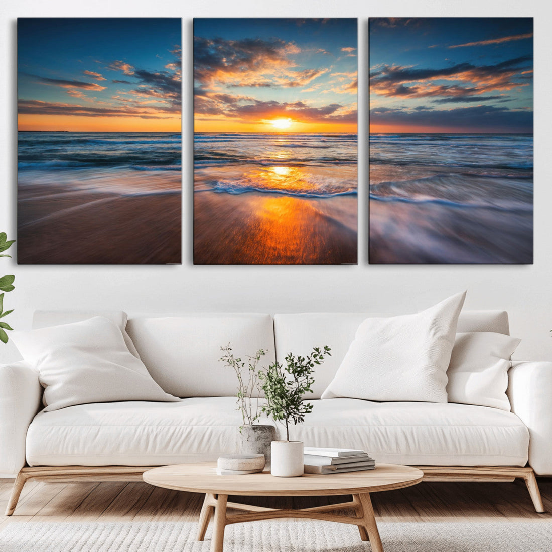 Sunset on the Ocean Beach with Waves, Reflections on Sand, Coastal Wall Art Print