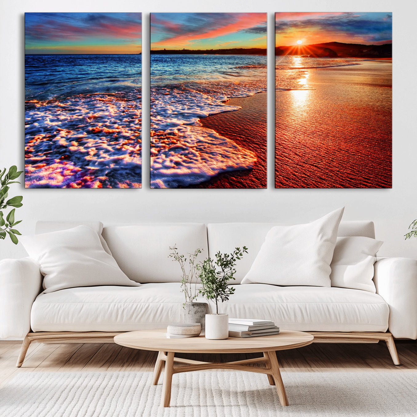 -Colorful Coastal Sunset on the Beach Canvas Print, Ocean Waves Crashing at Dusk, Multi-Panel